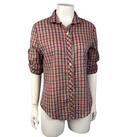 1980s Plaid Button Up Long Short Sleeve Shirt / Women’s Small - Picture 1 of 7